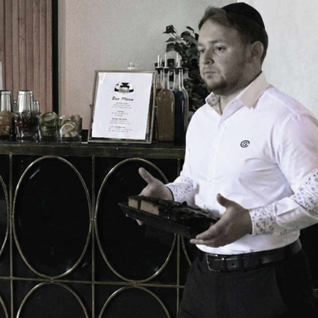 Samuel of Samuel Caterers carrying a serving tray